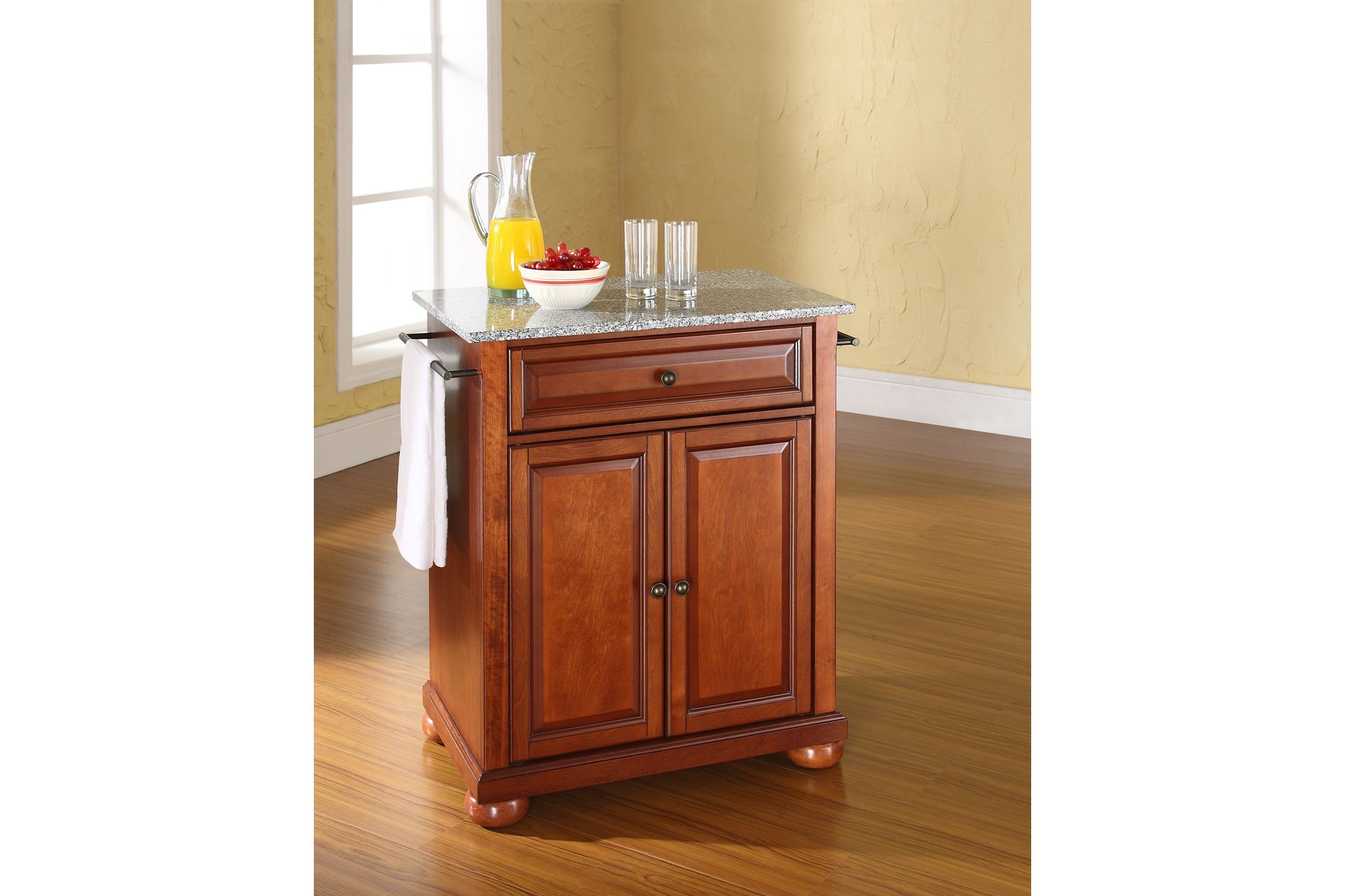 Alexandria Solid Granite Top Portable Kitchen Island in Classic Cherry