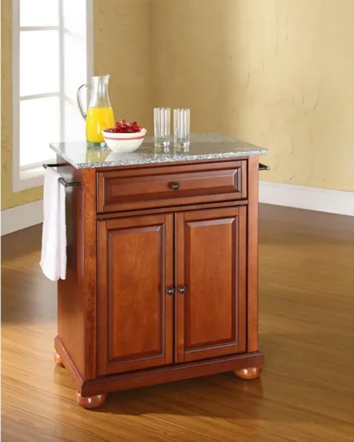 Alexandria Solid Granite Top Portable Kitchen Island in Classic Cherry