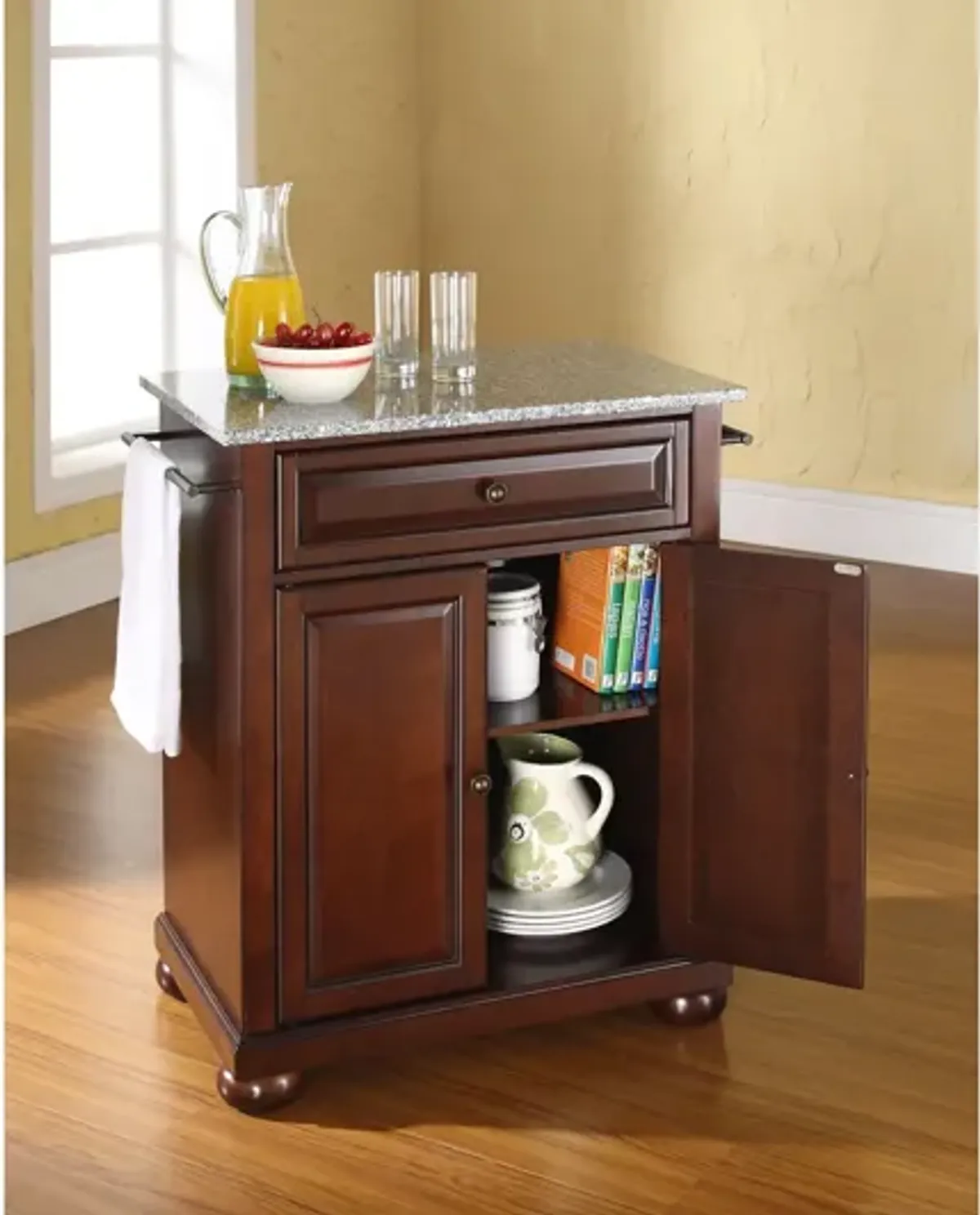 Alexandria Solid Granite Top Portable Kitchen Island in Vintage Mahogany