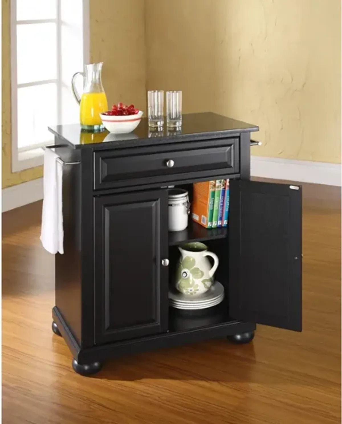 Alexandria Solid Black Granite Top Portable Kitchen Island in Black