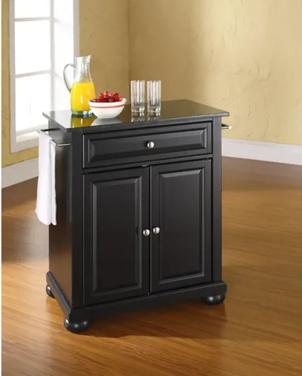 Alexandria Solid Black Granite Top Portable Kitchen Island in Black