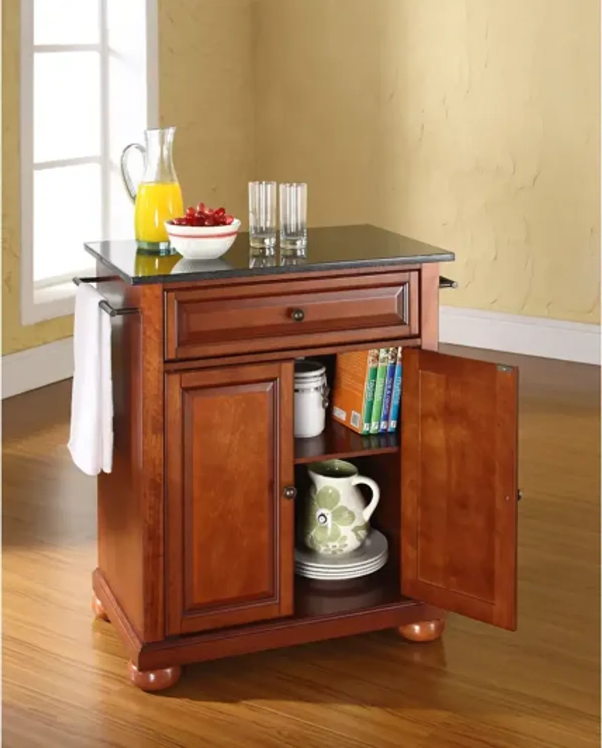 Alexandria Solid Black Granite Top Portable Kitchen Island in Classic Cherry