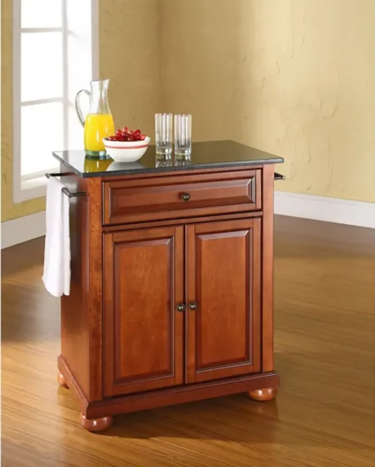 Alexandria Solid Black Granite Top Portable Kitchen Island in Classic Cherry