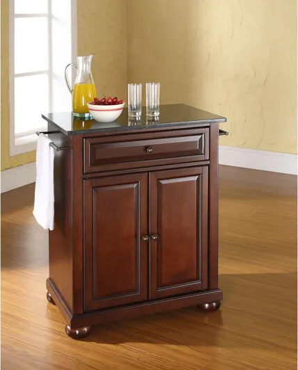 Alexandria Solid Black Granite Top Portable Kitchen Island in Vintage Mahogany