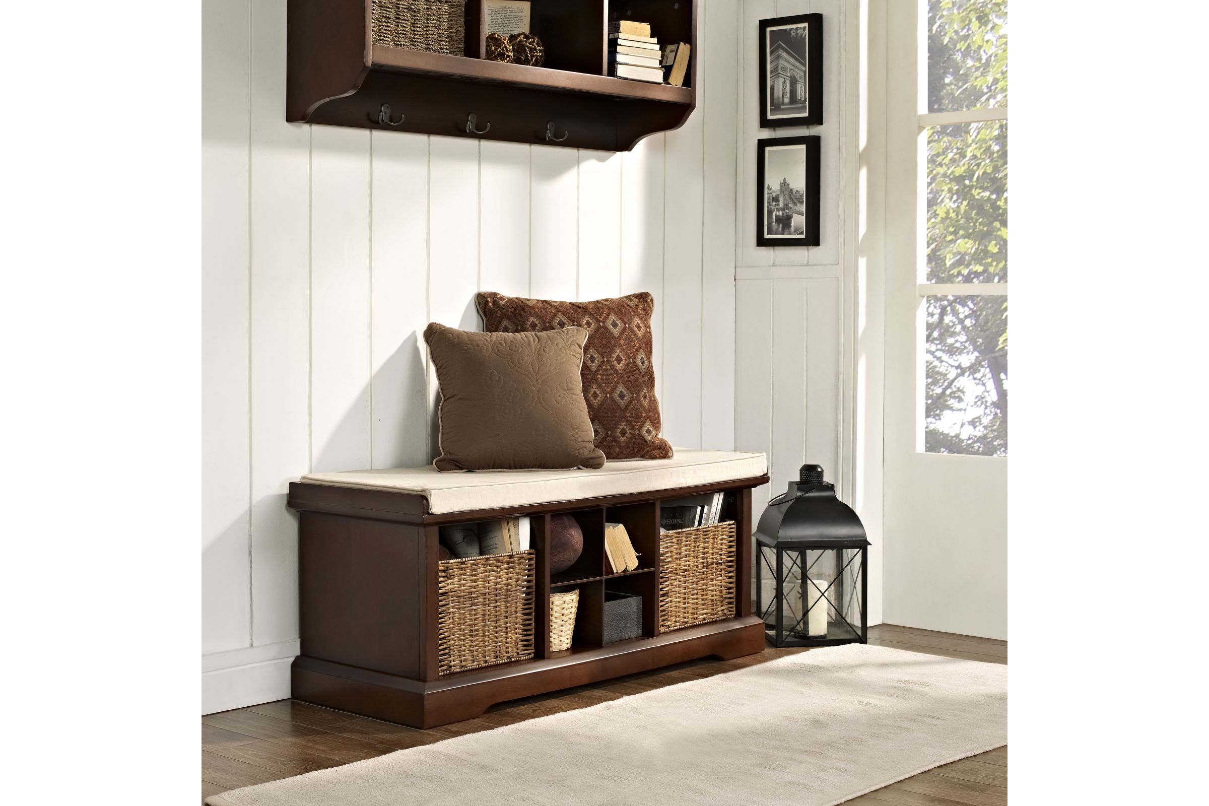 Brennan Storage Bench Mahogany/Tan - Bench, 2 Wicker Basekets