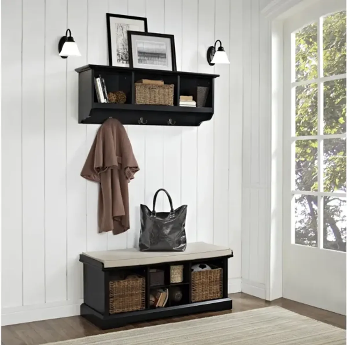 Brennan 2 Piece Entryway Bench and Shelf Set in Black