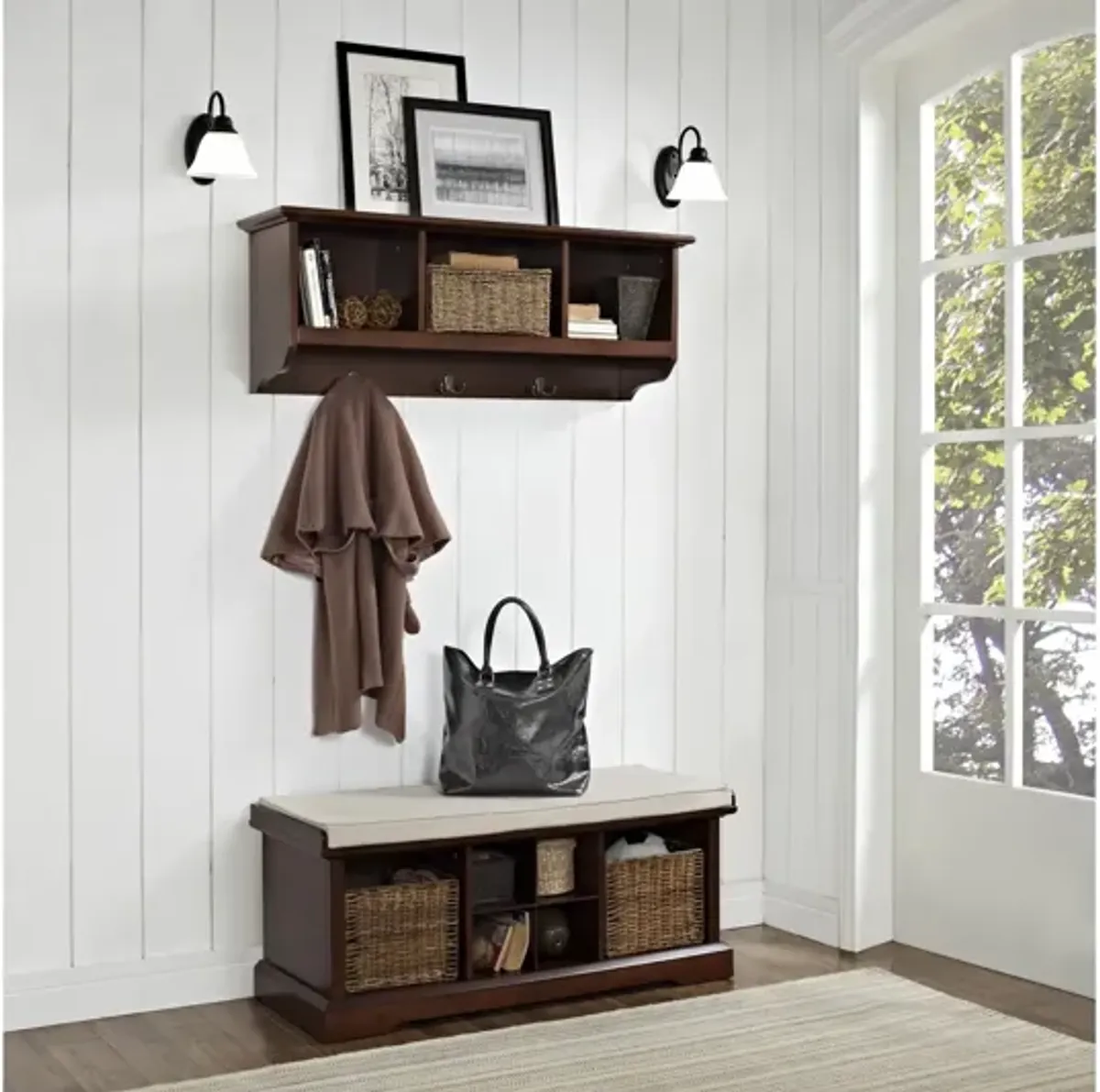 Brennan 2 Piece Entryway Bench and Shelf Set in Mahogany