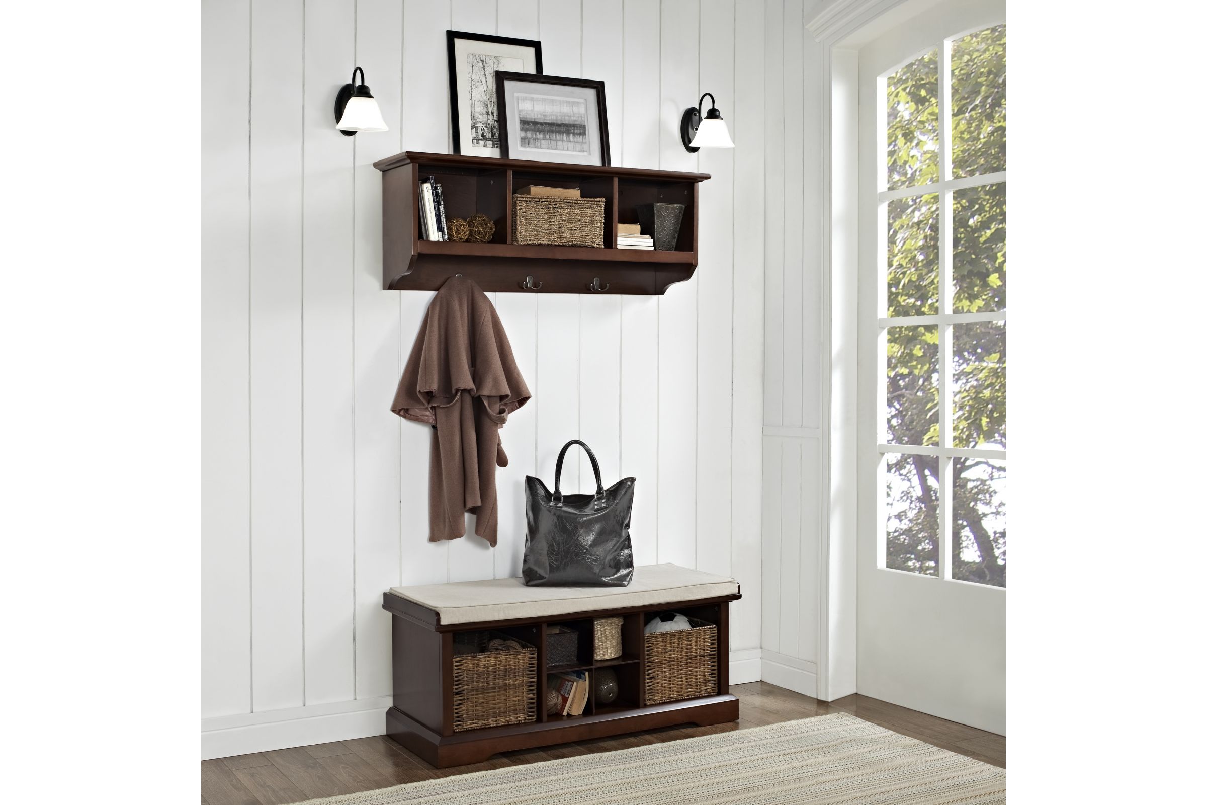 Brennan 2 Piece Entryway Bench and Shelf Set in Mahogany