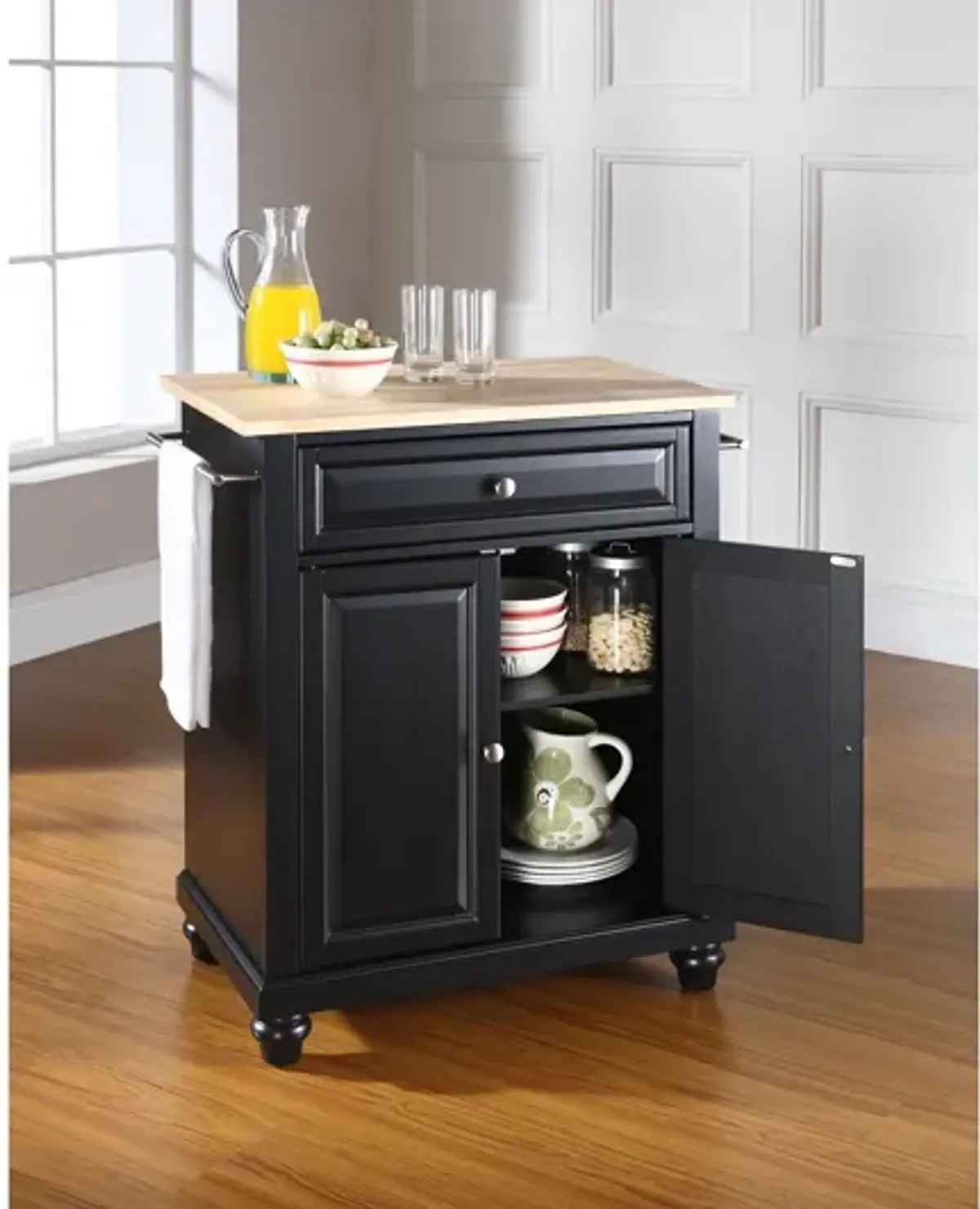 Cambridge Natural Wood Top Portable Kitchen Island in Black