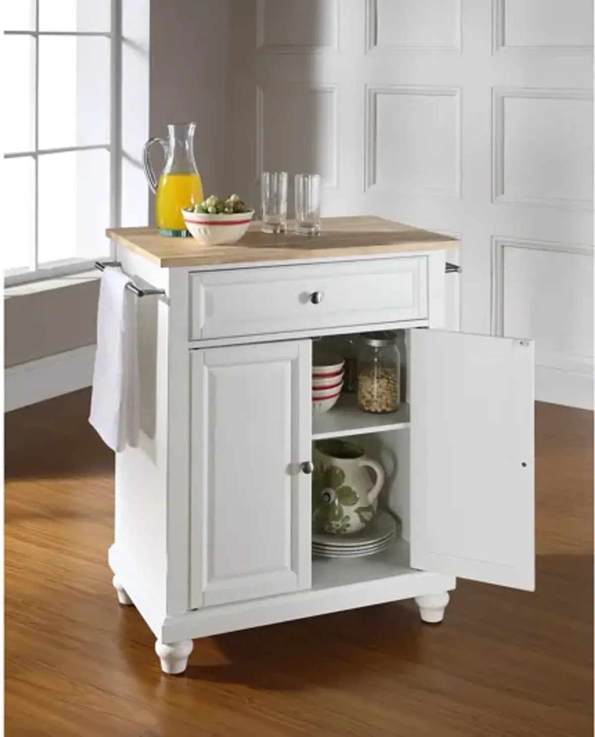 Cambridge Natural Wood Top Portable Kitchen Island in White