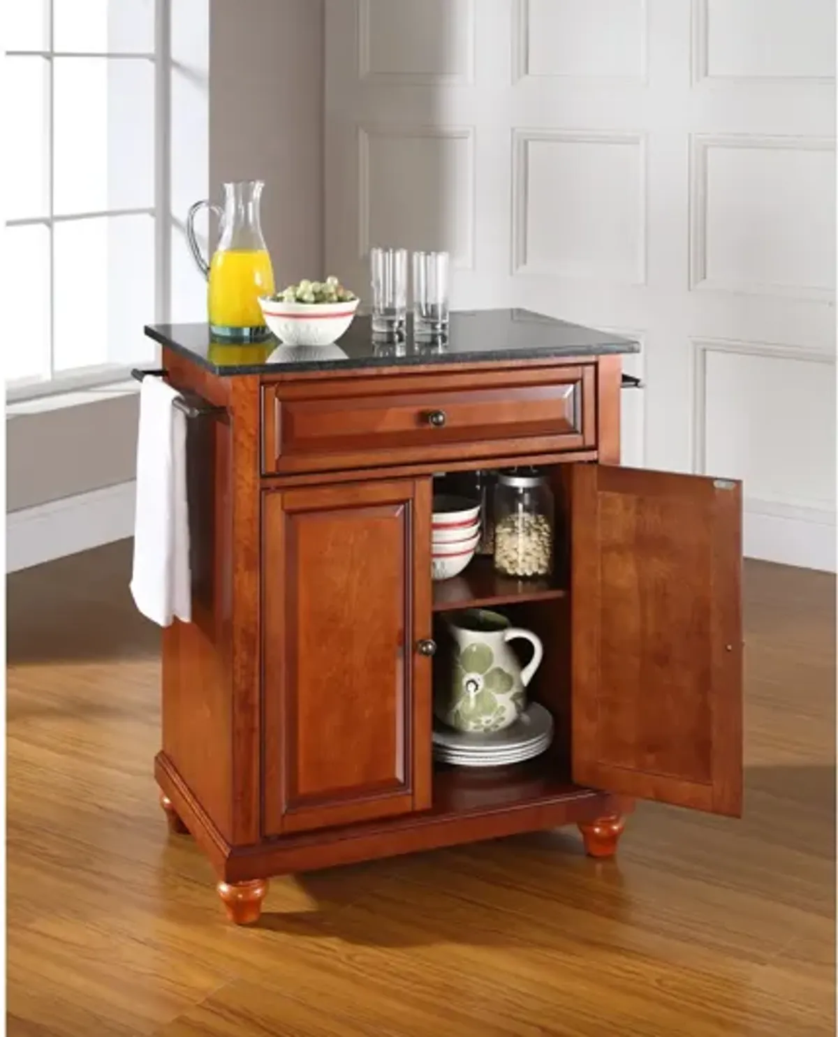 Cambridge Solid Black Granite Top Portable Kitchen Island in Classic Cherry