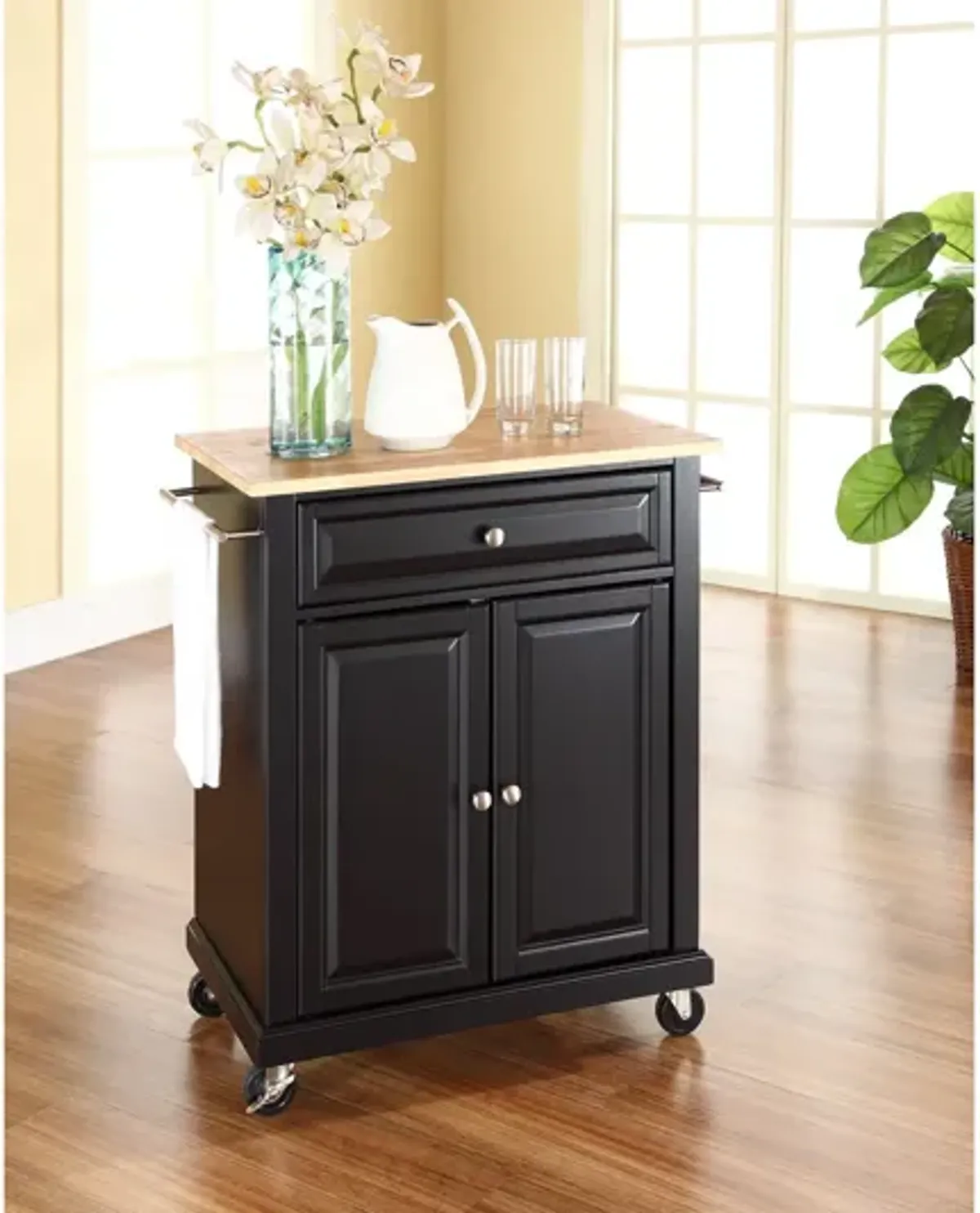 Natural Wood Top Portable Kitchen Cart/Island in Black