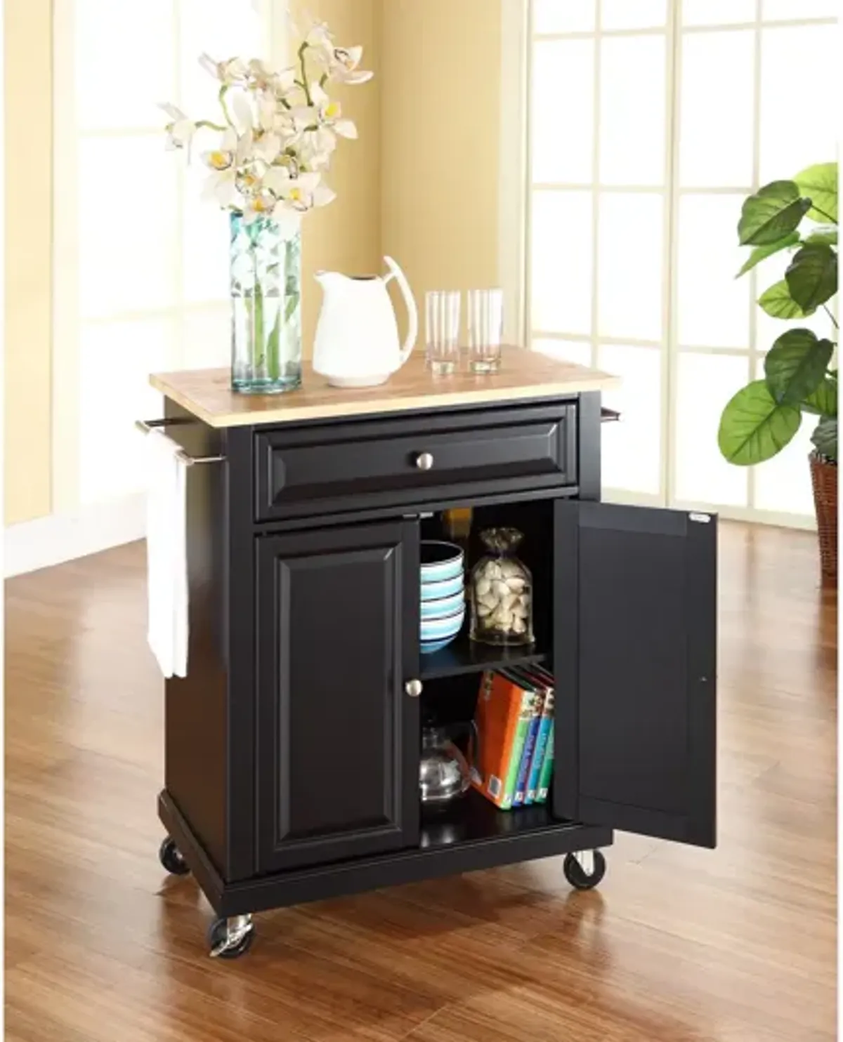 Natural Wood Top Portable Kitchen Cart/Island in Black