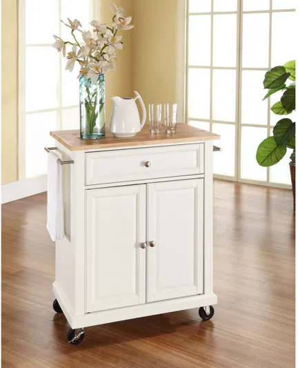 Natural Wood Top Portable Kitchen Cart/Island in White