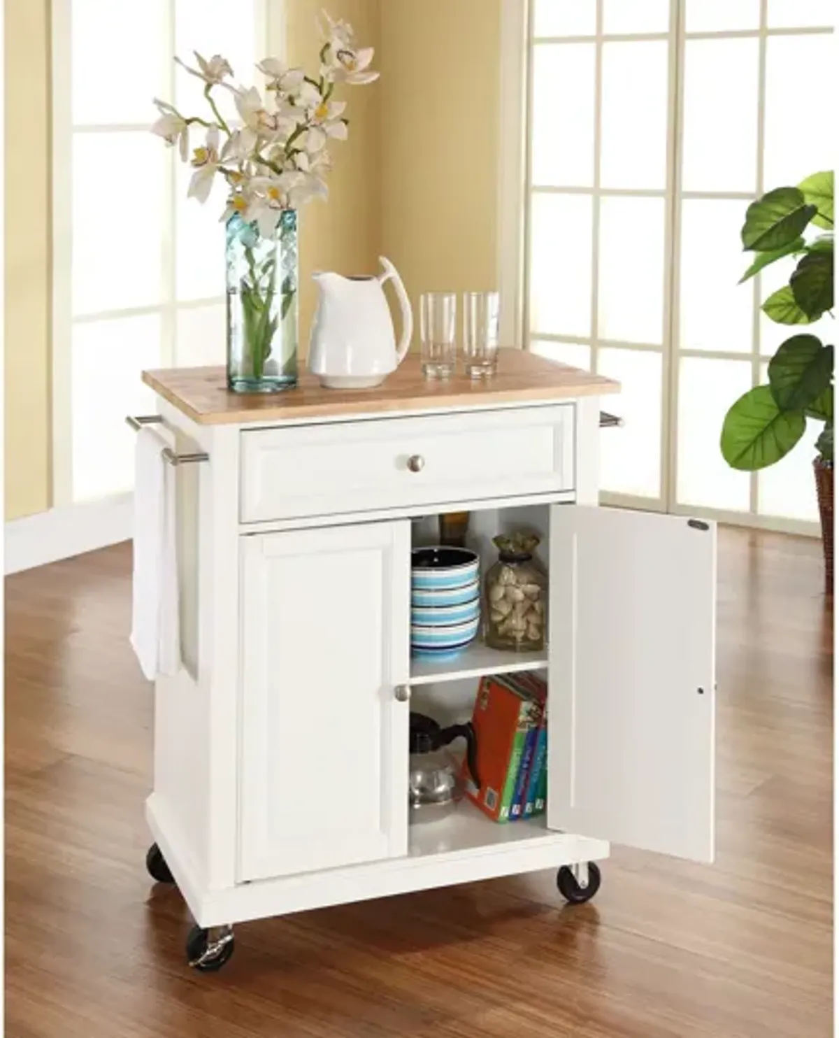 Natural Wood Top Portable Kitchen Cart/Island in White