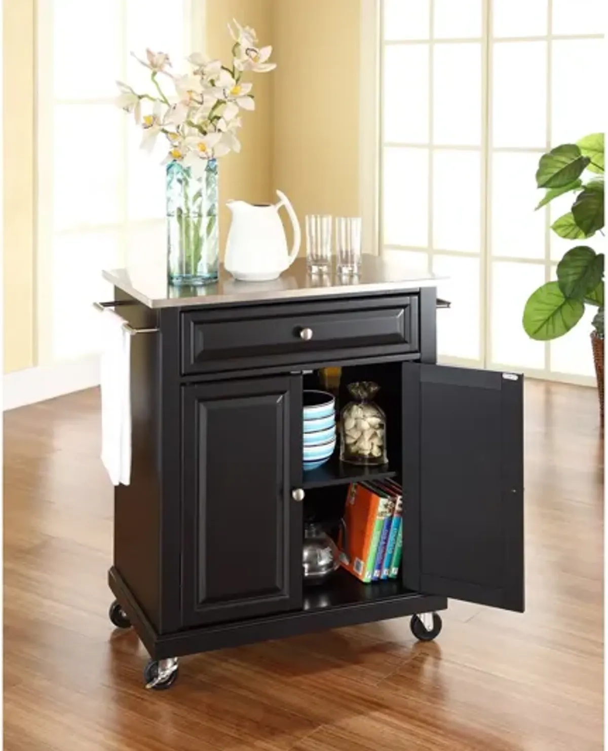 Stainless Steel Top Portable Kitchen Cart/Island in Black