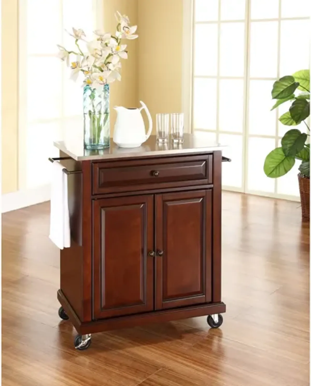 Stainless Steel Top Portable Kitchen Cart/Island in Vintage Mahogany