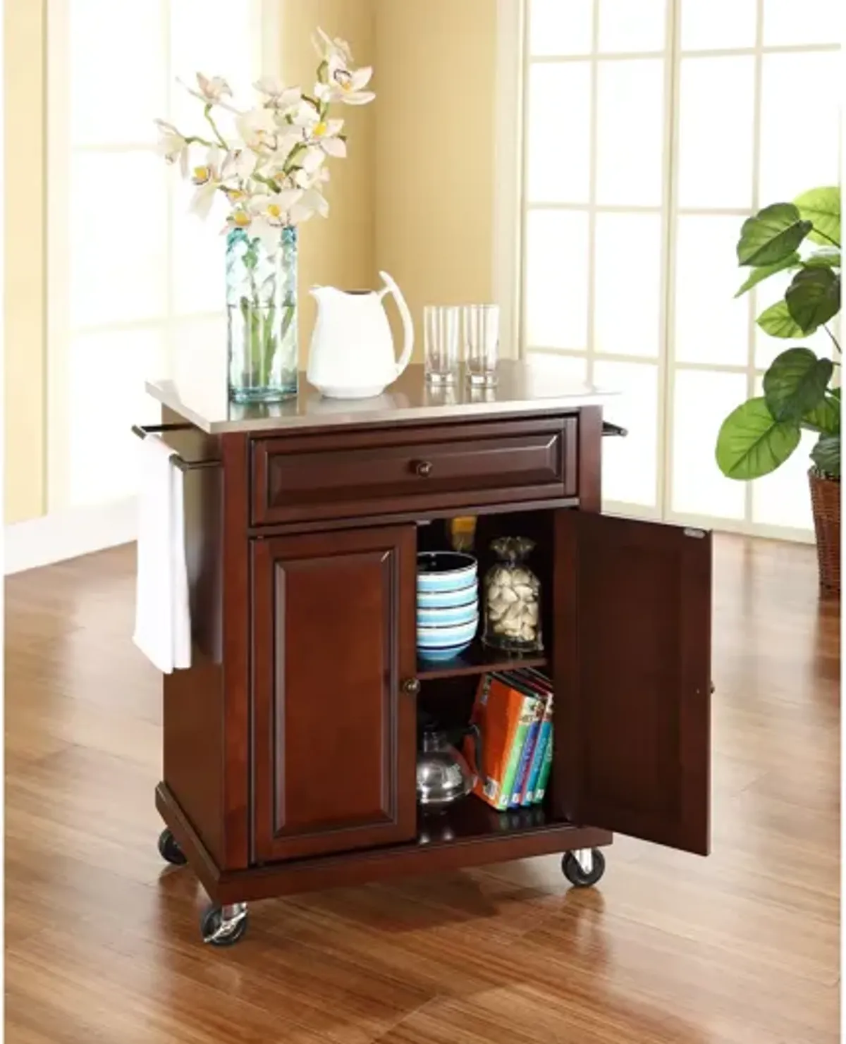 Stainless Steel Top Portable Kitchen Cart/Island in Vintage Mahogany