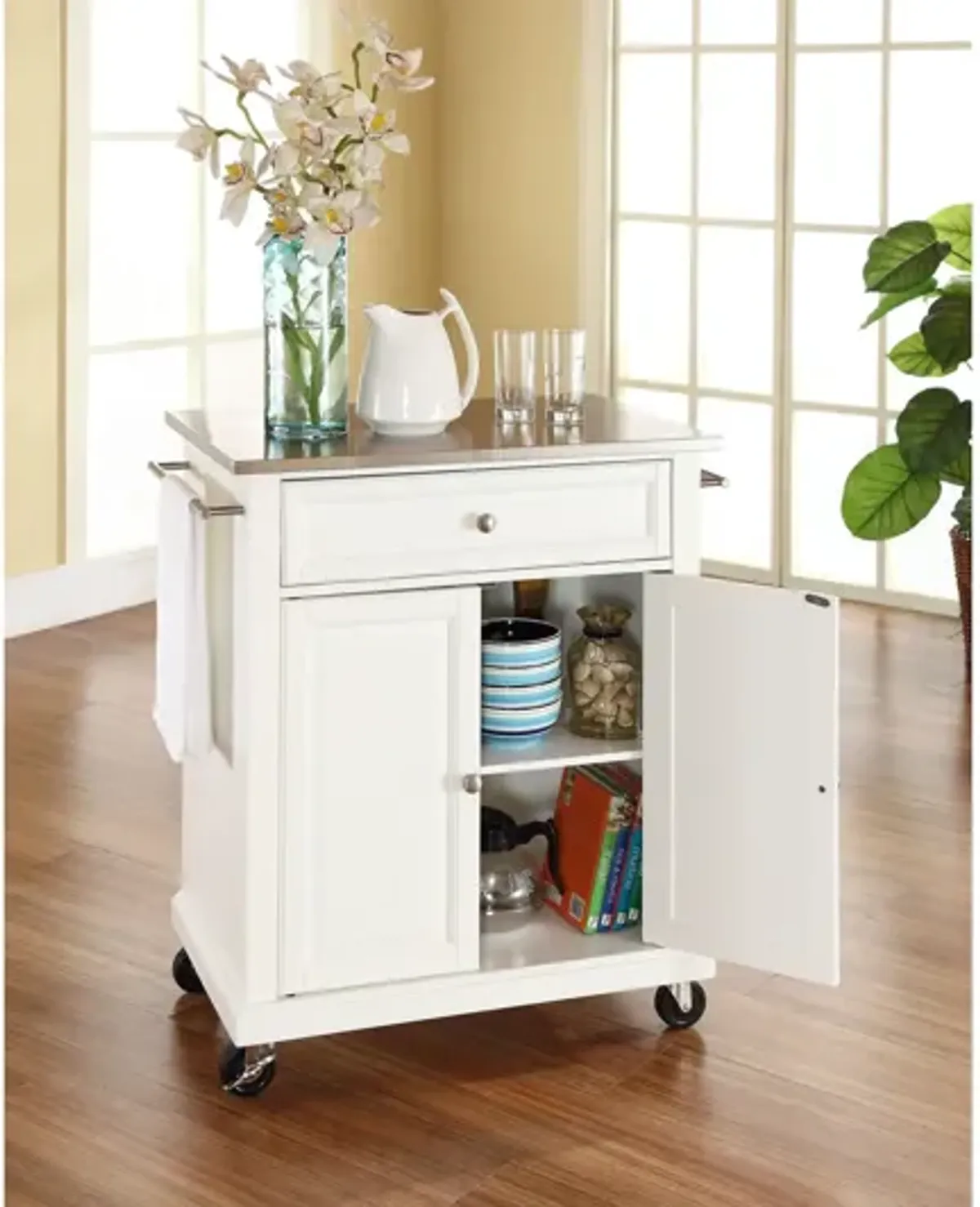 Stainless Steel Top Portable Kitchen Cart/Island in White