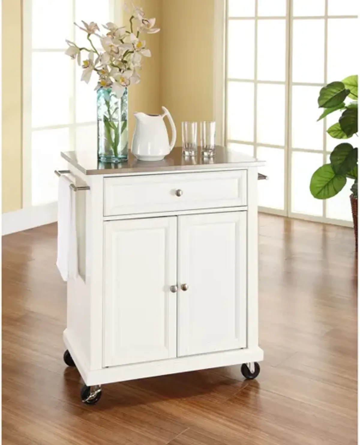 Stainless Steel Top Portable Kitchen Cart/Island in White