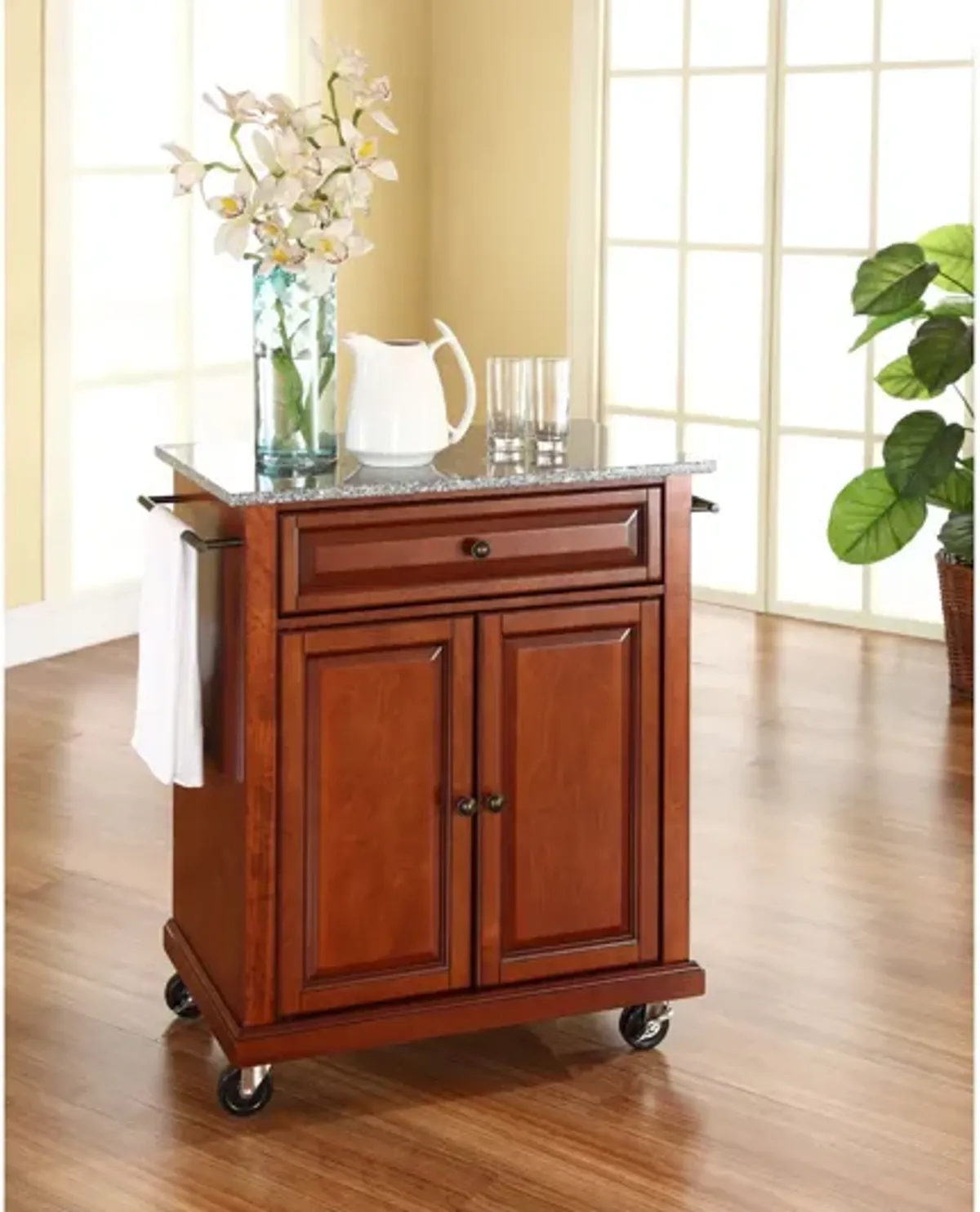 Solid Granite Top Portable Kitchen Cart/Island in Classic Cherry