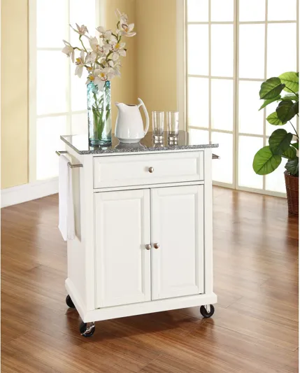 Solid Granite Top Portable Kitchen Cart/Island in White