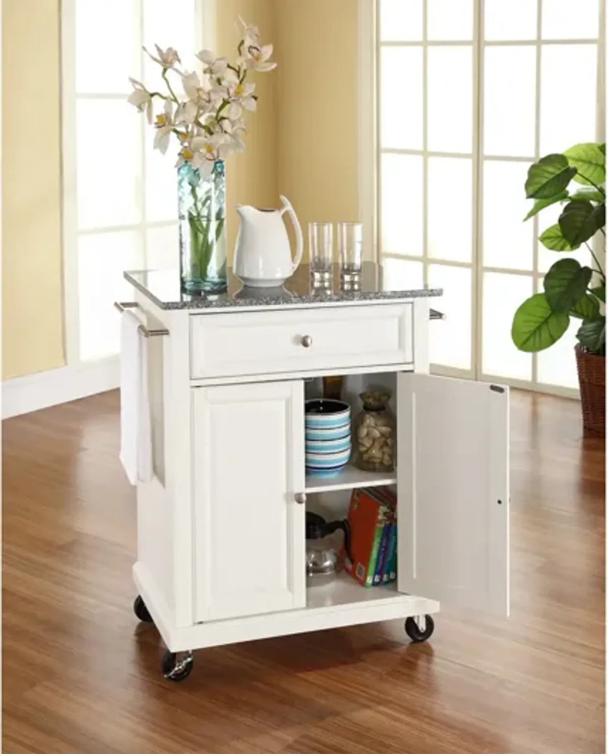 Solid Granite Top Portable Kitchen Cart/Island in White