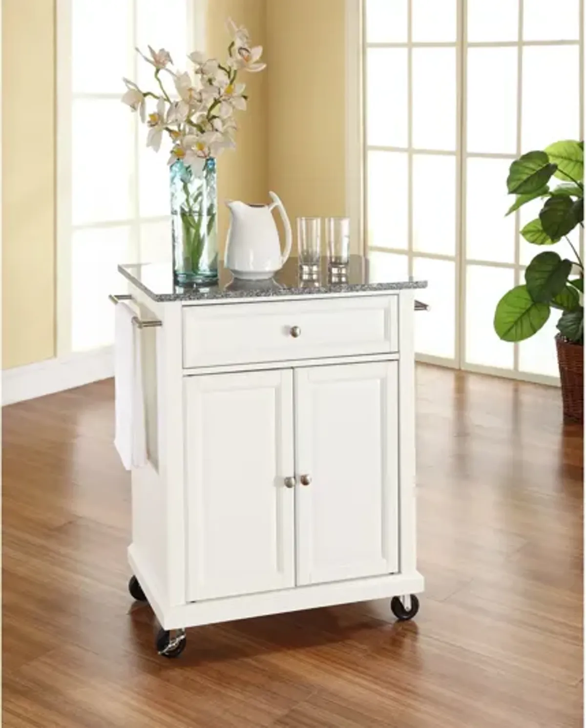 Solid Granite Top Portable Kitchen Cart/Island in White