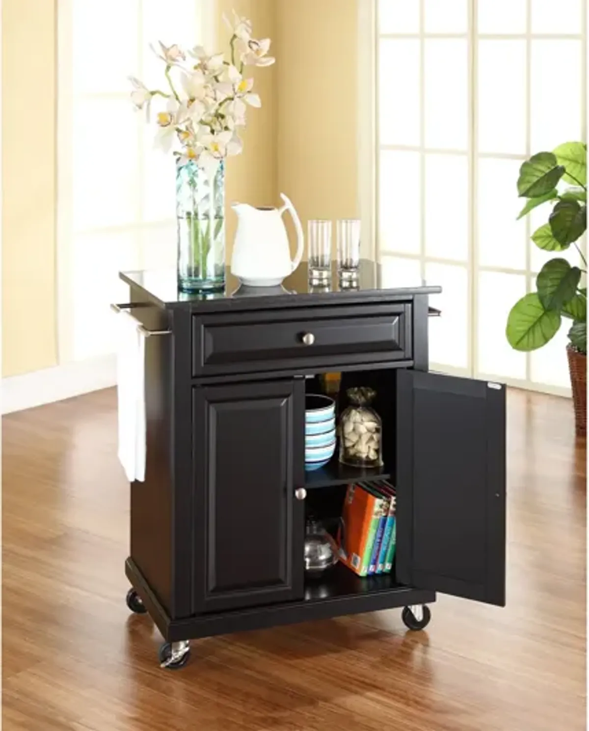 Solid Black Granite Top Portable Kitchen Cart/Island in Black