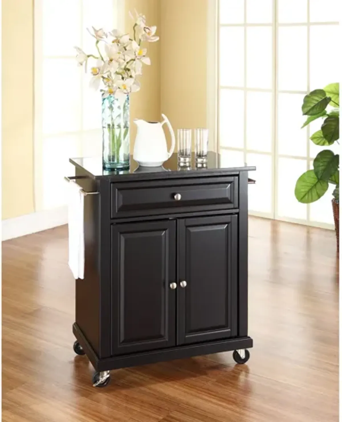 Solid Black Granite Top Portable Kitchen Cart/Island in Black