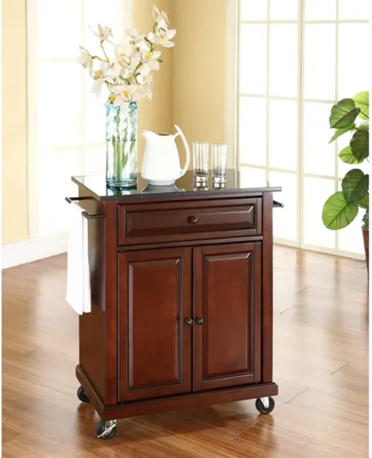 Solid Black Granite Top Portable Kitchen Cart/Island in Vintage Mahogany