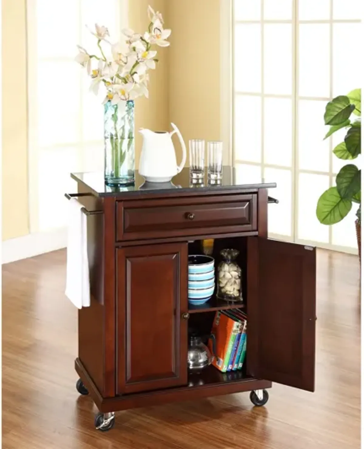 Solid Black Granite Top Portable Kitchen Cart/Island in Vintage Mahogany