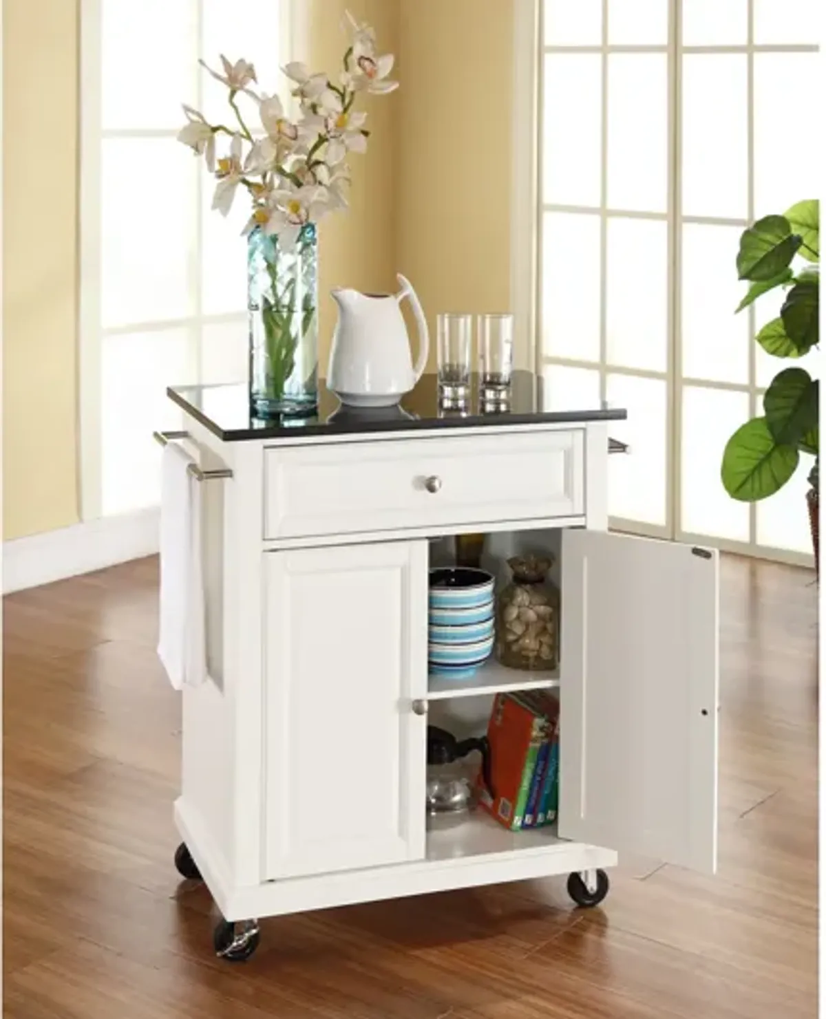 Solid Black Granite Top Portable Kitchen Cart/Island in White