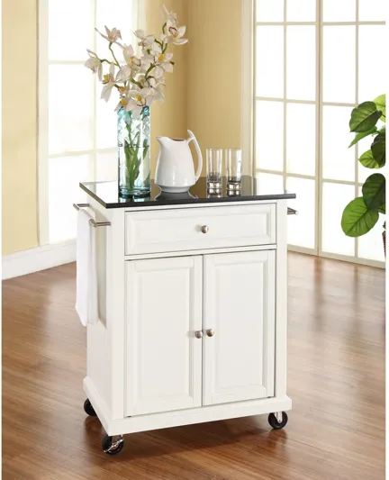 Solid Black Granite Top Portable Kitchen Cart/Island in White