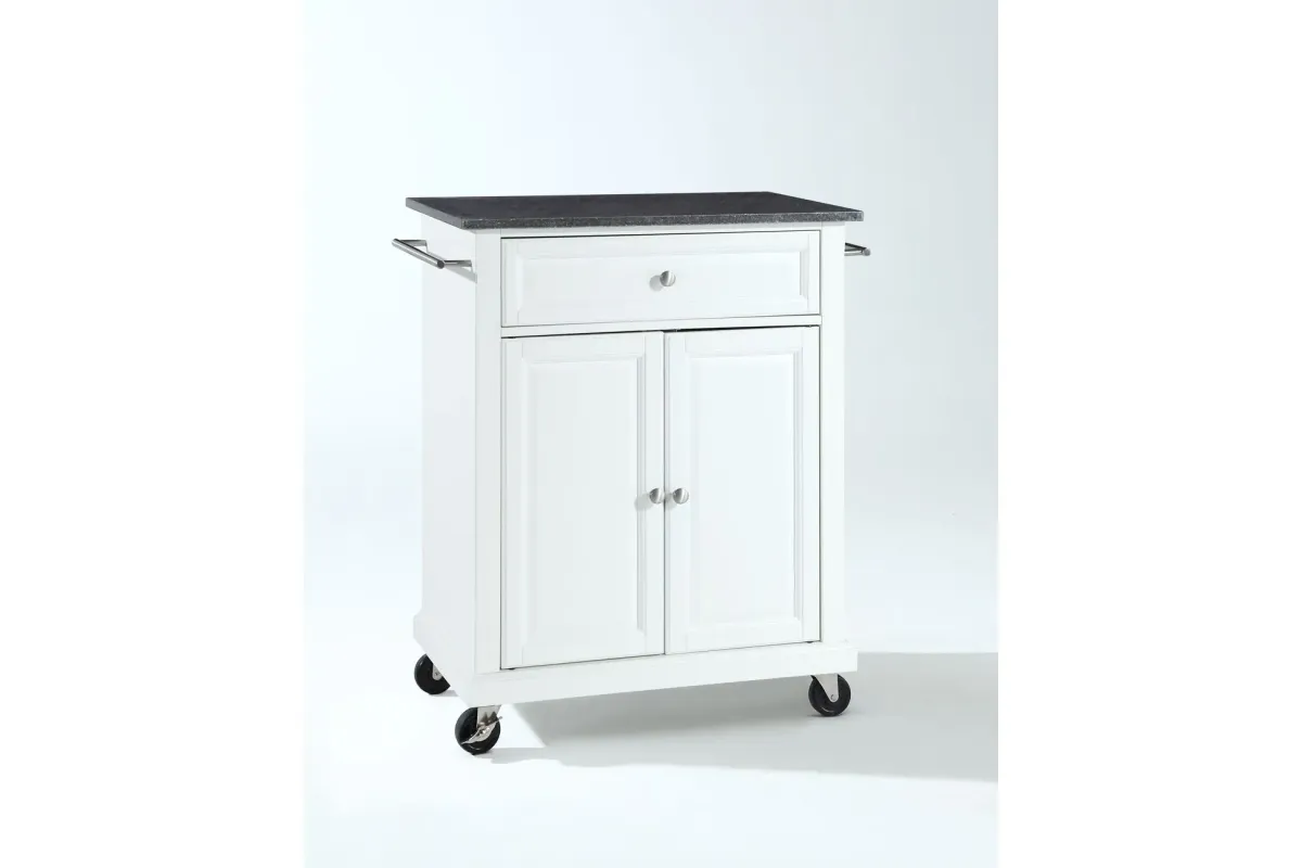 Solid Black Granite Top Portable Kitchen Cart/Island in White