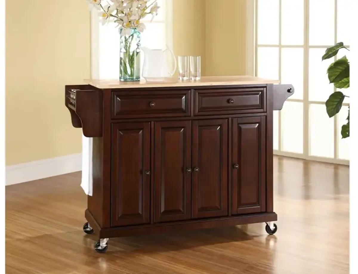 Natural Wood Top Kitchen Cart/Island in Vintage Mahogany