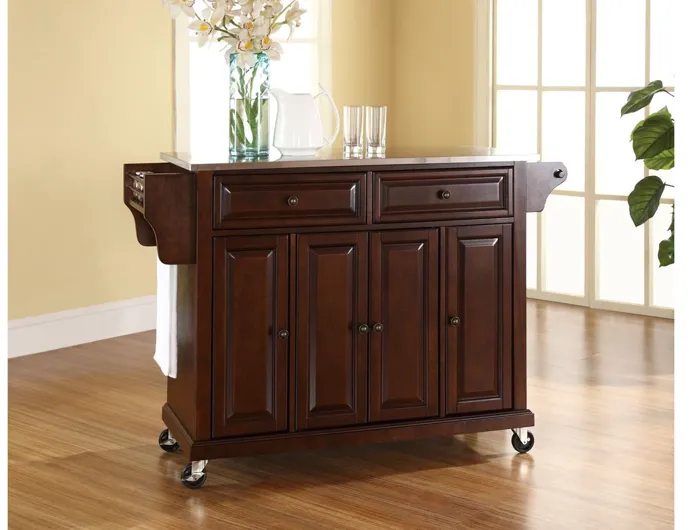 Stainless Steel Top Kitchen Cart/Island in Vintage Mahogany