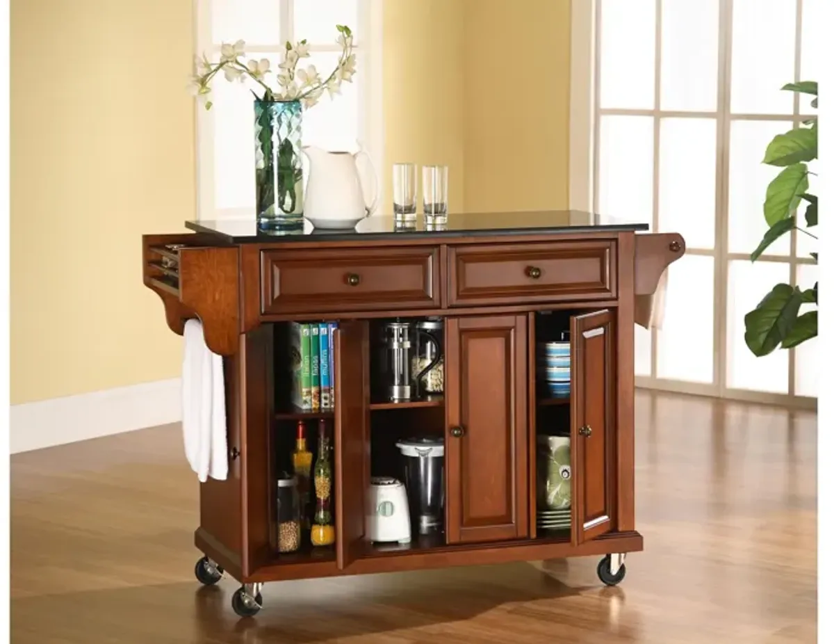 Solid Black Granite Top Kitchen Cart/Island in Classic Cherry