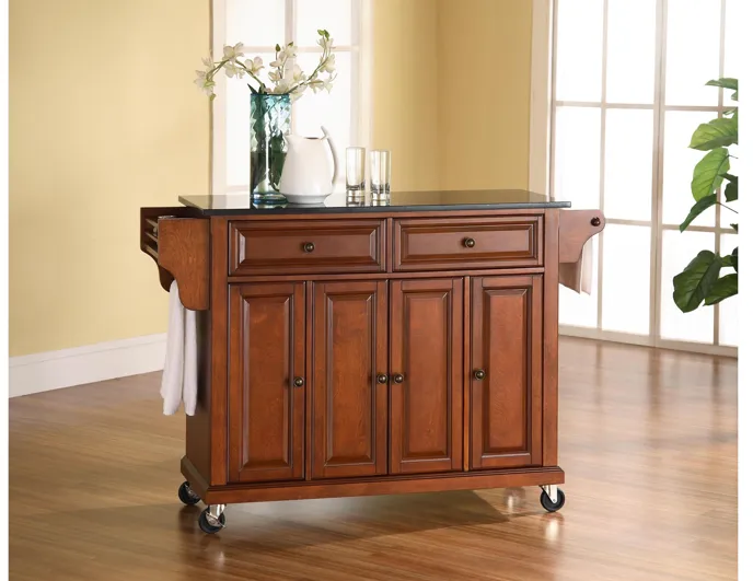 Solid Black Granite Top Kitchen Cart/Island in Classic Cherry