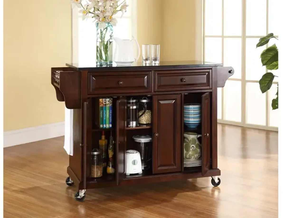 Solid Black Granite Top Kitchen Cart/Island in Vintage Mahogany