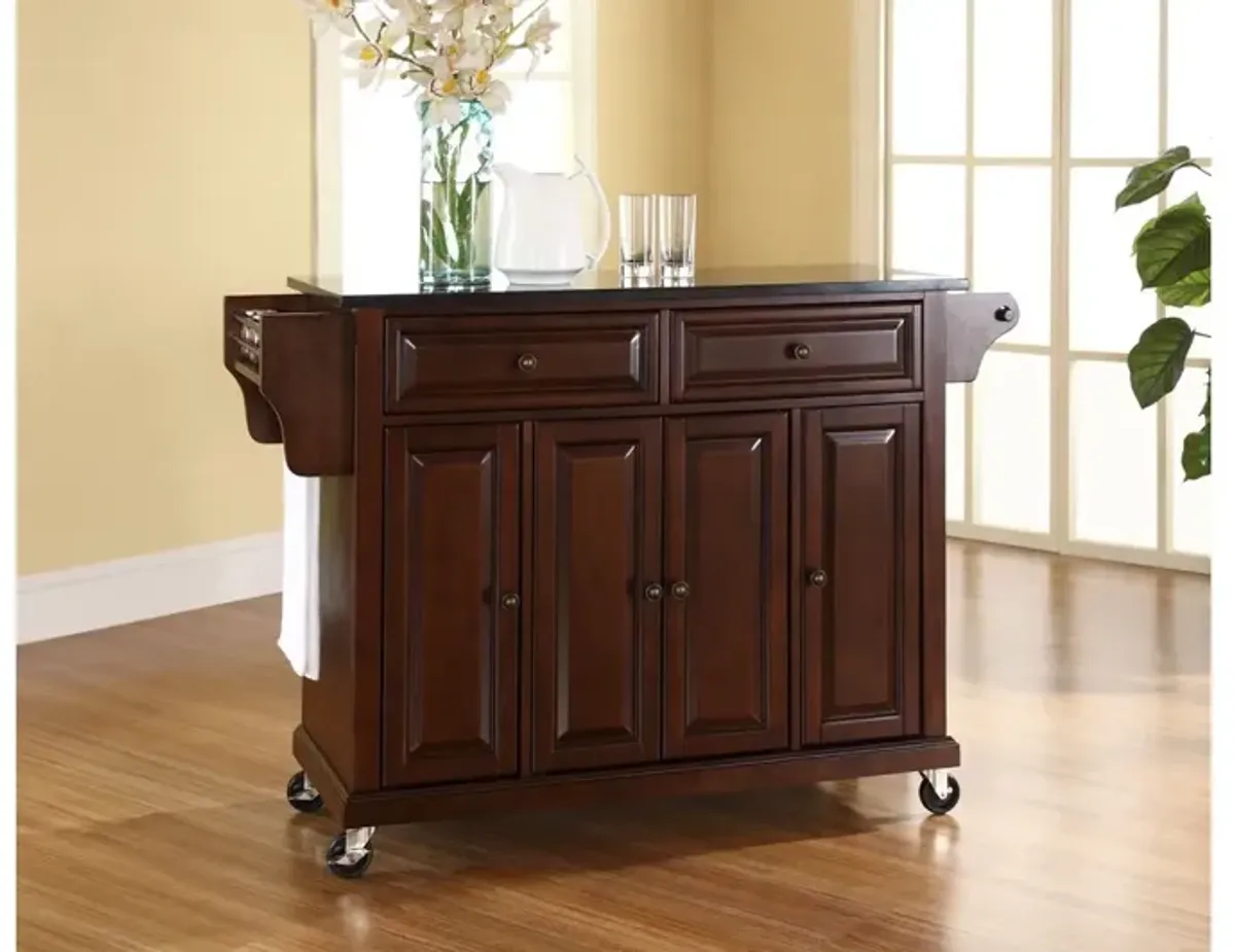 Solid Black Granite Top Kitchen Cart/Island in Vintage Mahogany