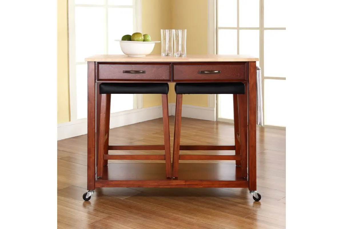 Natural Wood Top Kitchen Cart/Island in Classic Cherry with Two 24" Cherry Saddle Stools