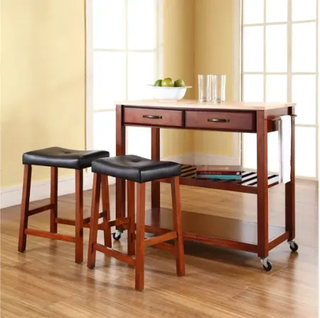 Natural Wood Top Kitchen Cart/Island in Classic Cherry with Two 24" Cherry Saddle Stools