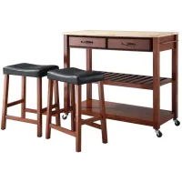 Natural Wood Top Kitchen Cart/Island in Classic Cherry with Two 24" Cherry Saddle Stools
