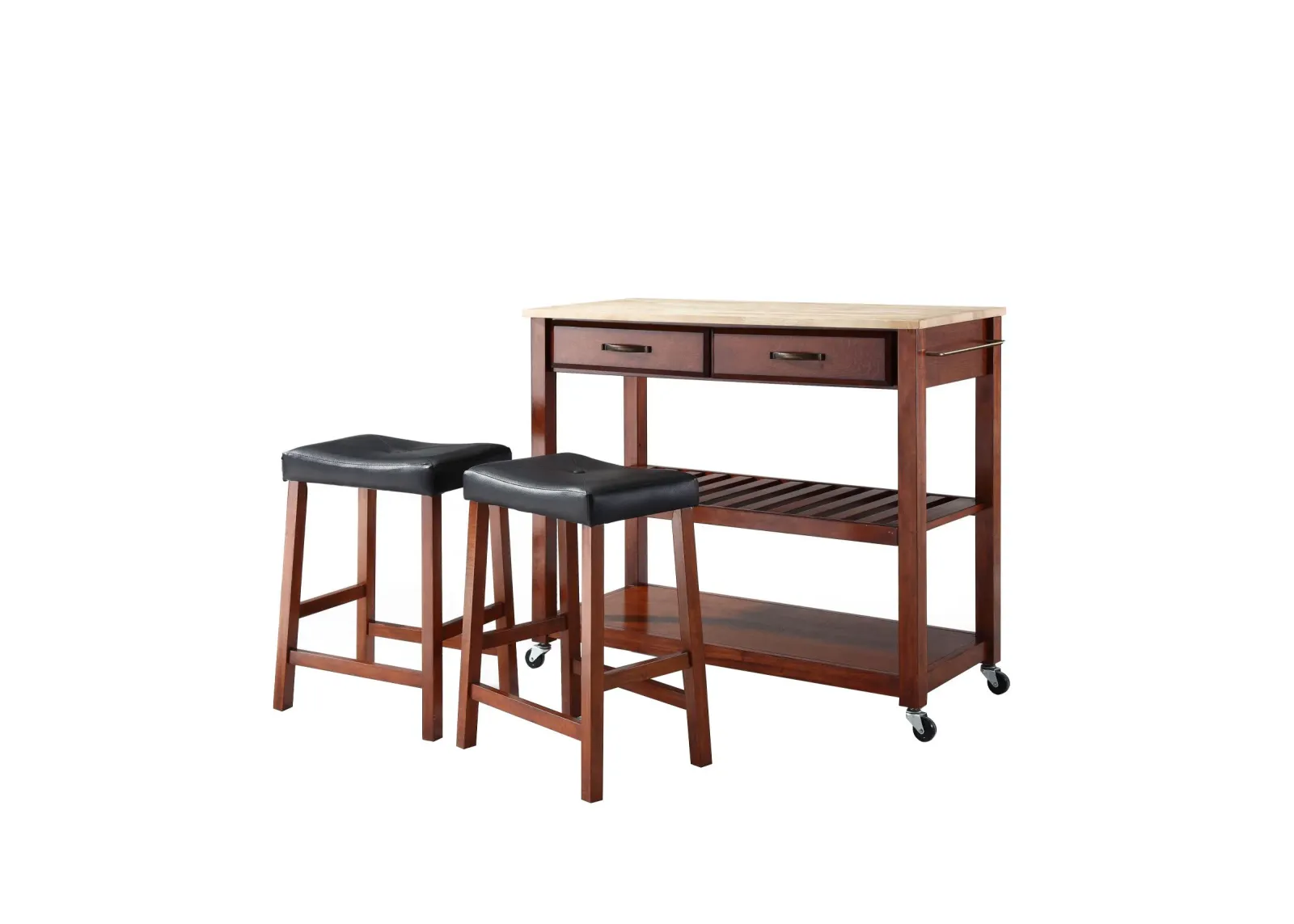 Natural Wood Top Kitchen Cart/Island in Classic Cherry with Two 24" Cherry Saddle Stools