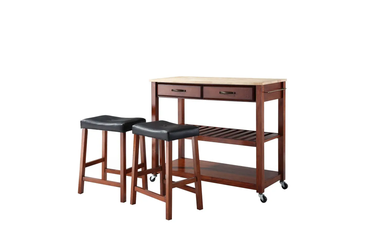 Natural Wood Top Kitchen Cart/Island in Classic Cherry with Two 24" Cherry Saddle Stools