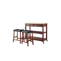 Natural Wood Top Kitchen Cart/Island in Classic Cherry with Two 24" Cherry Saddle Stools