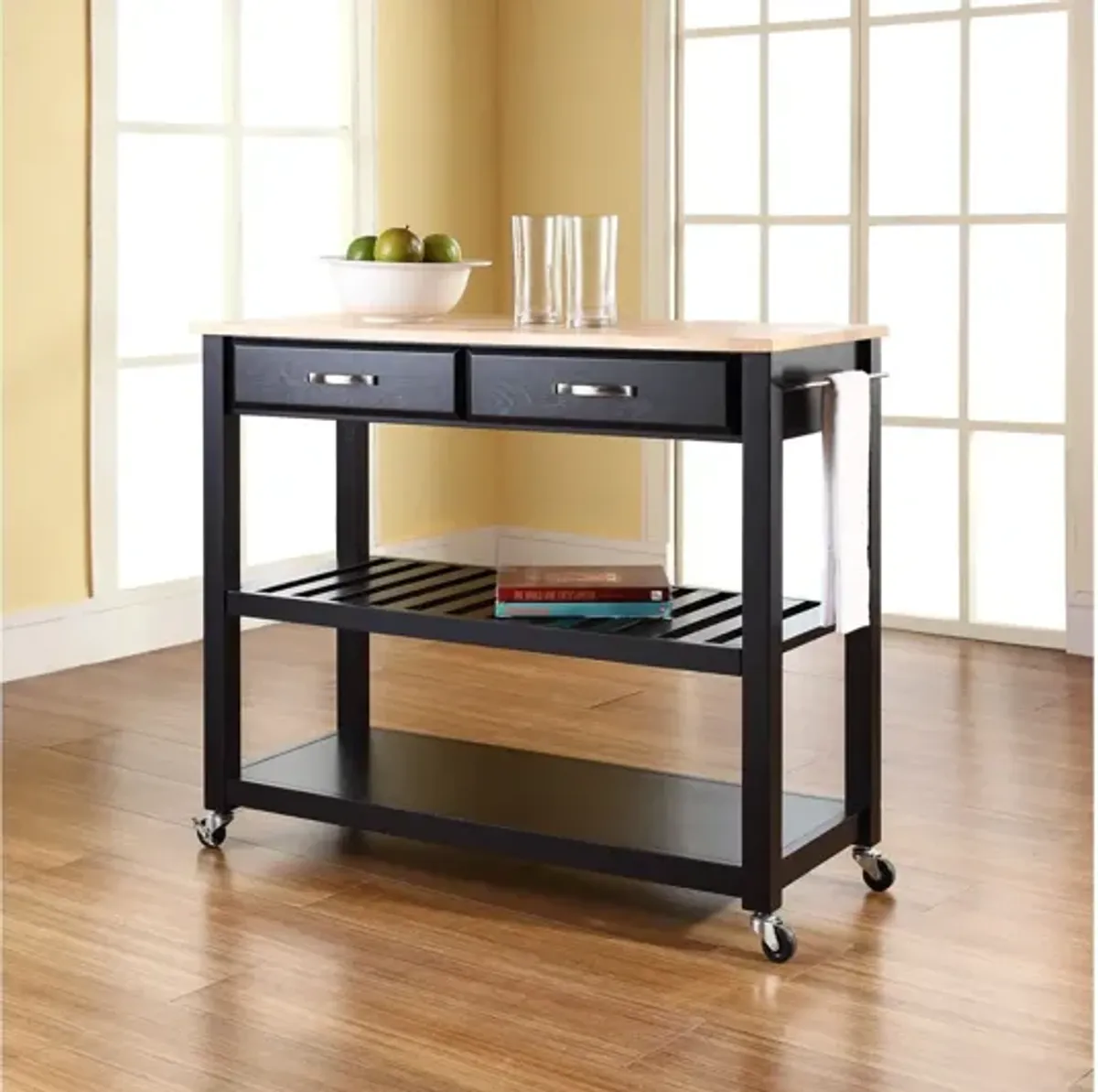 Natural Wood Top Kitchen Cart/Island with Optional Stool Storage in Black