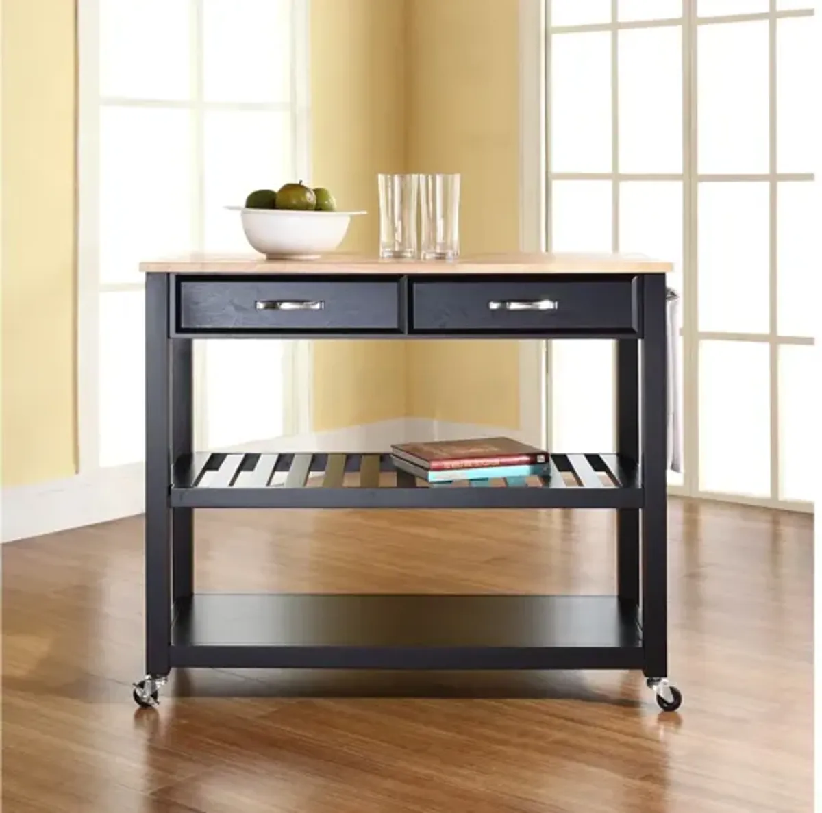 Natural Wood Top Kitchen Cart/Island with Optional Stool Storage in Black