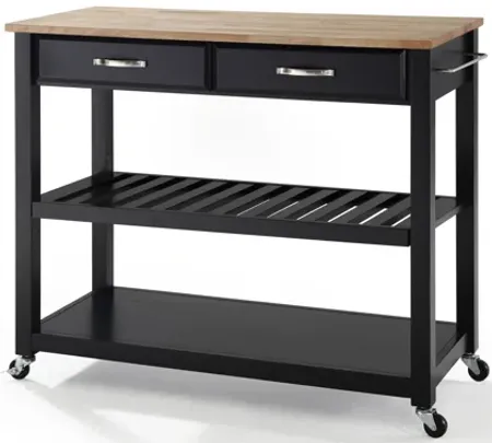Natural Wood Top Kitchen Cart/Island with Optional Stool Storage in Black